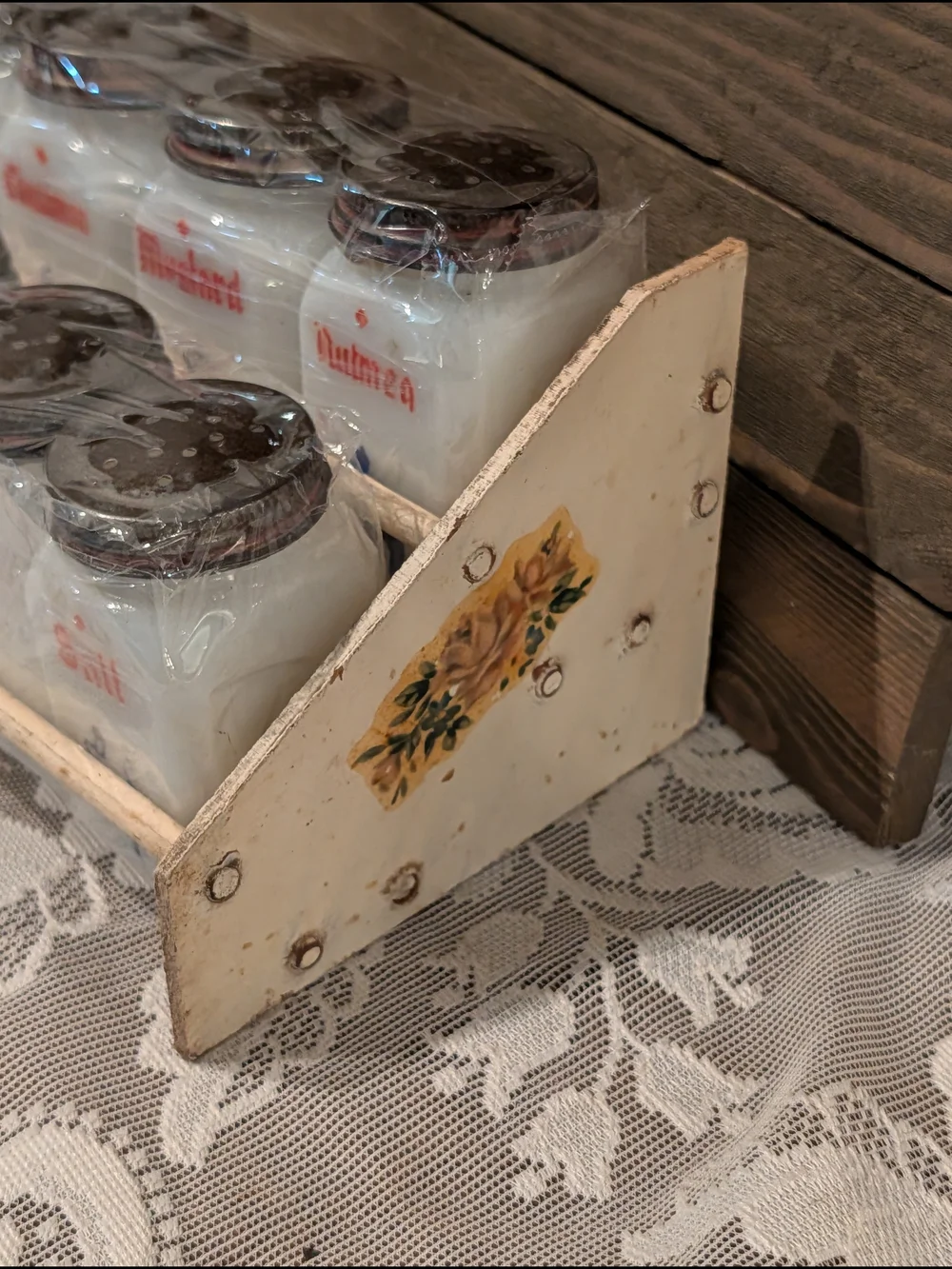 Vintage White Glass Spice Jar Set with Dutch Pattern